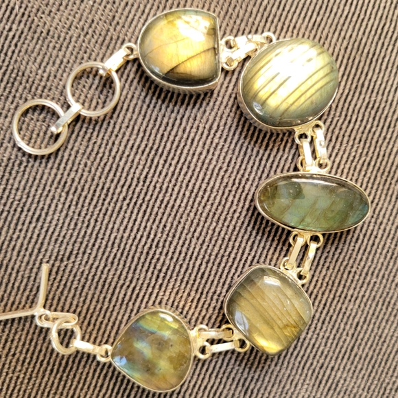 Elegant Blue Green Labradorite Bracelet In 925 Silver Links Green Stone Bracelet - Picture 2 of 5
